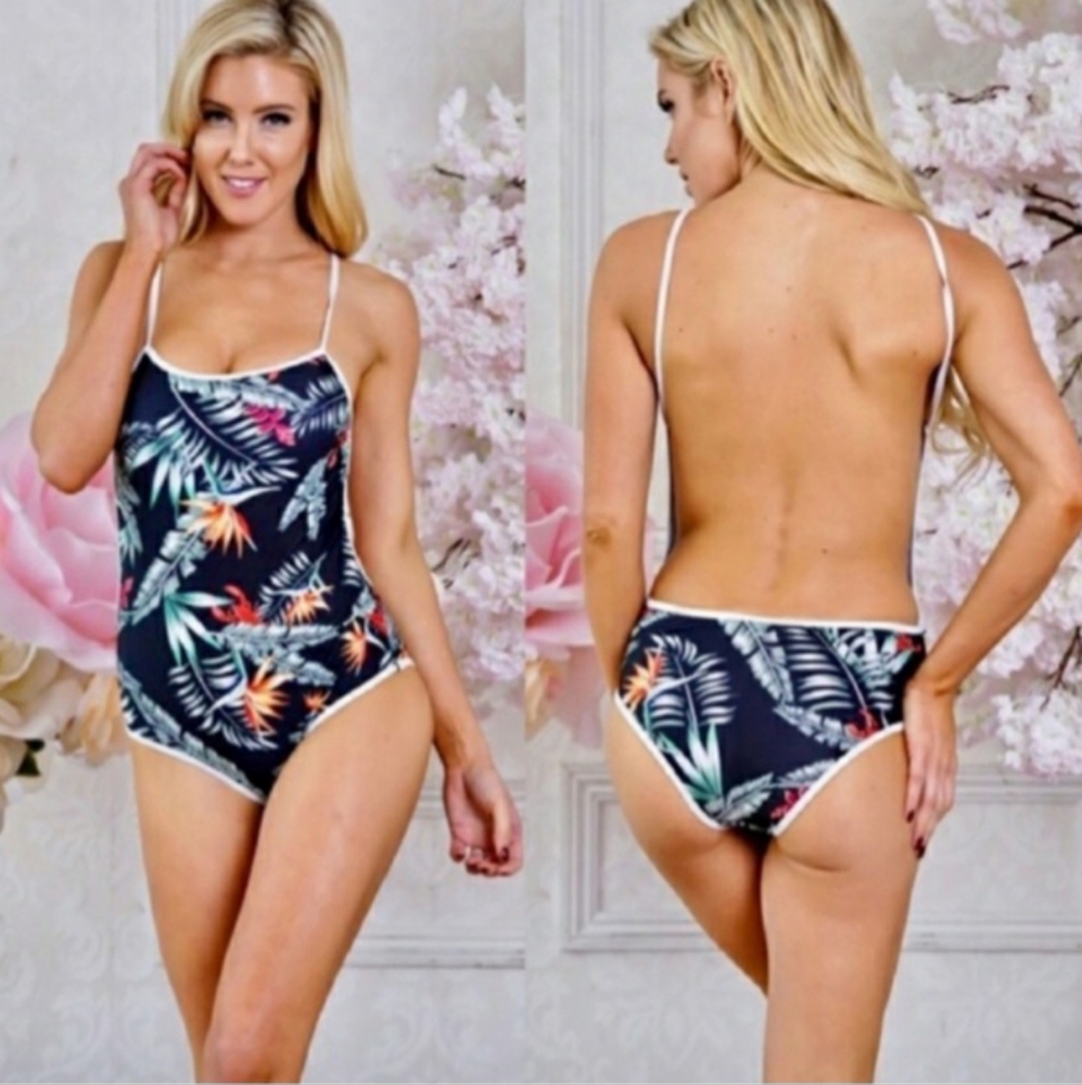 Boutique Black Tropical Low Back One-piece Bathing Swim Suit